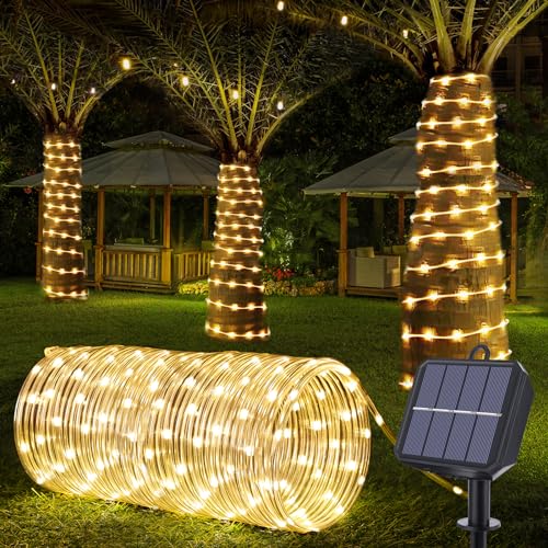 Jnaurb Solar Rope Lights, 66ft 200LED Solar String Lights, 8 Modes Waterproof Solar Powered Outdoor Light, Flexible Clear Tube Light for Garden, Backyard, Patio, Deck, Porch, Pool, Tree Decor - Warm White - Image 1