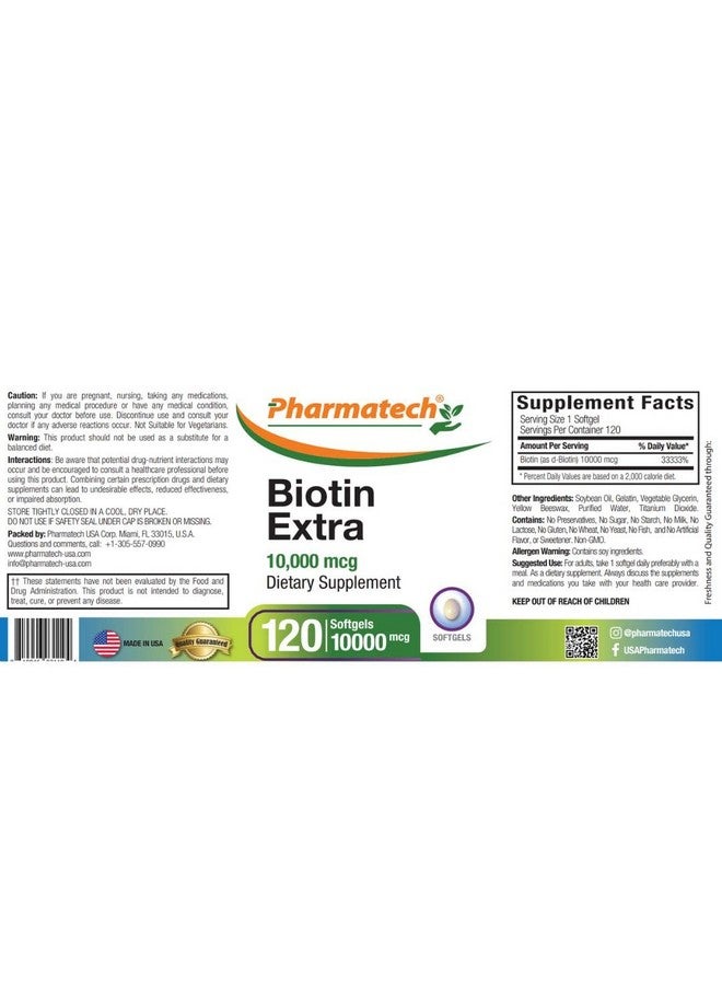 PHARMATECH Biotin Vitamin For Hair Growth Biotin 10000Mcg Improves Skin And Nails Quality Vitamin B7 Supplement For Women Gluten Free 120 Softgels Pharmatech® - Image 4