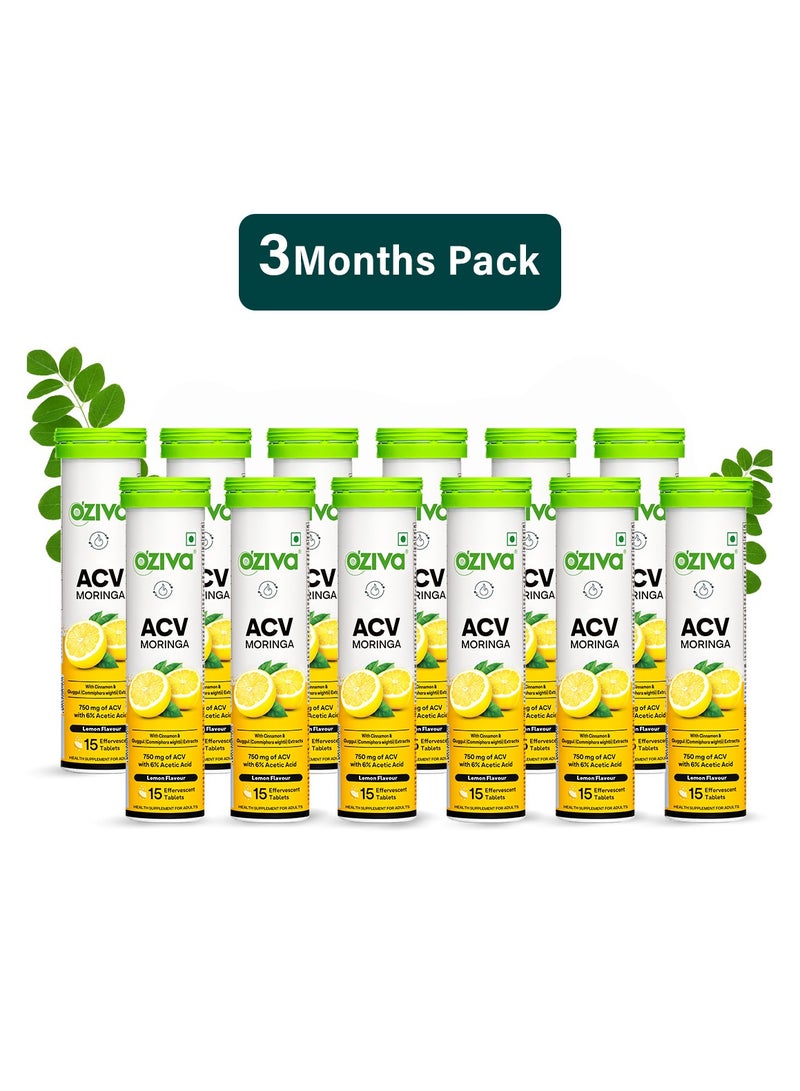 OZiva خل التفاح مع المورينغا | السيطرة على الرغبات | خل التفاح، القرفة، الجوجول | بدون مالتوديكسترين وبدون سكر مضاف - ليمون، عبوة من 12 (180 قرص) - Image 1