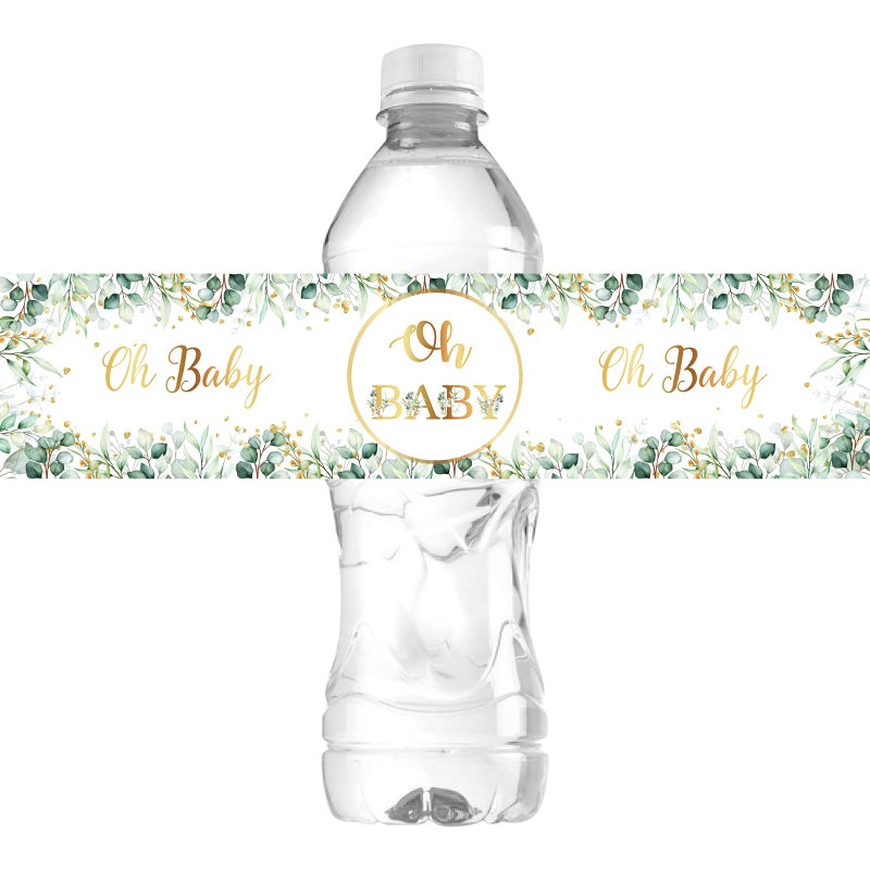 WIDEIDEAL Oh Baby Water Bottle Labels Baby Shower Stickers Boy or Girl Party Decorations Eucalyptus Leaves Green Theme 30 Pcs - Image 2