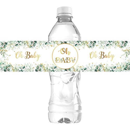 WIDEIDEAL Oh Baby Water Bottle Labels Baby Shower Stickers Boy or Girl Party Decorations Eucalyptus Leaves Green Theme 30 Pcs - Image 1