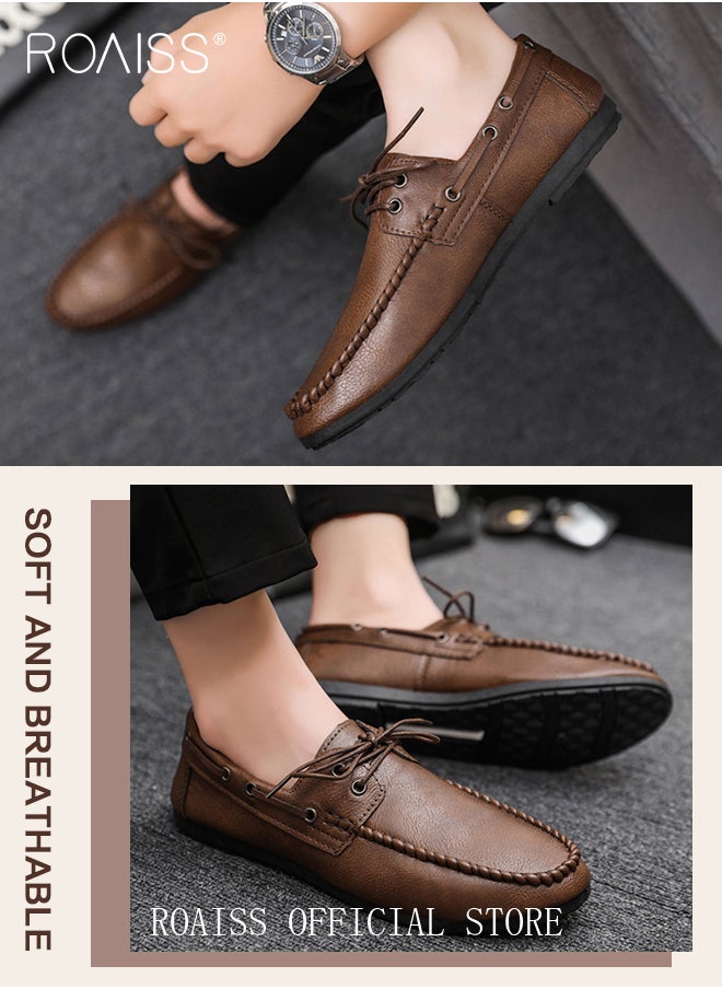 roaiss Business Casual Classic Leather Shoes for Men Hand Stitching Lace-Up Comfortable Breathable Loafer Men's Vintage Round Toe Soft Bottom Lightweight Walking or Driving Shoes  - Image 2