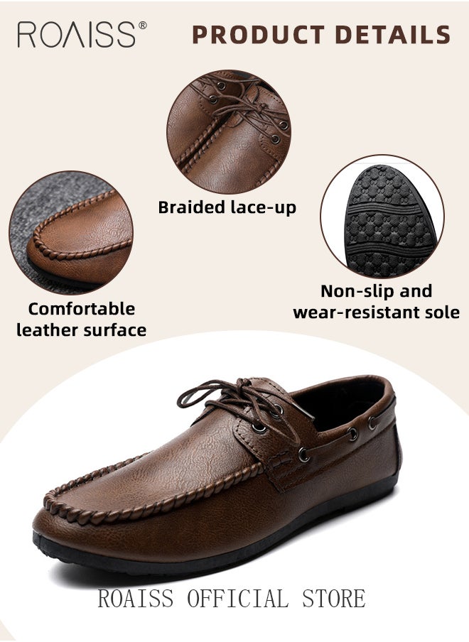 roaiss Business Casual Classic Leather Shoes for Men Hand Stitching Lace-Up Comfortable Breathable Loafer Men's Vintage Round Toe Soft Bottom Lightweight Walking or Driving Shoes  - Image 4