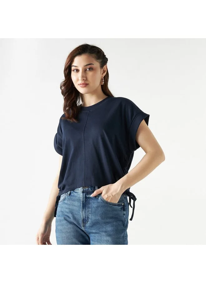 Lee Cooper Lee Cooper Solid T-shirt with Extended Sleeves and Ruched Detail