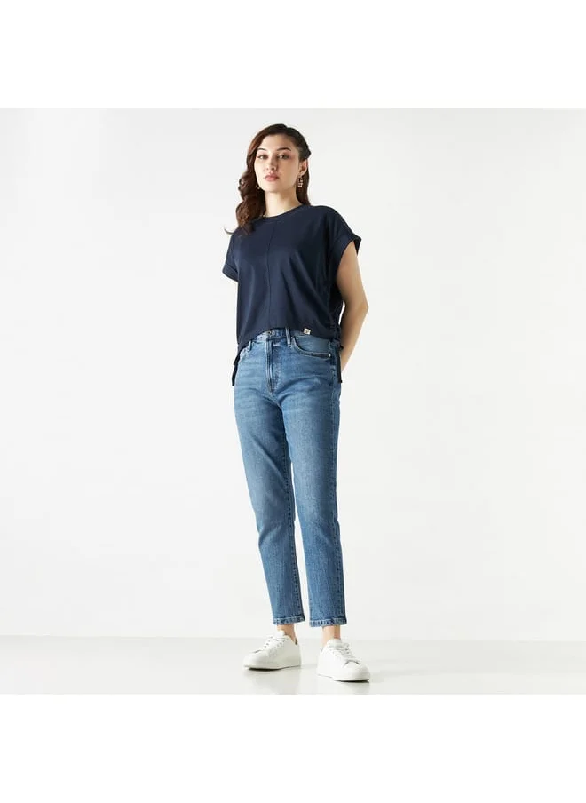 Lee Cooper Lee Cooper Solid T-shirt with Extended Sleeves and Ruched Detail