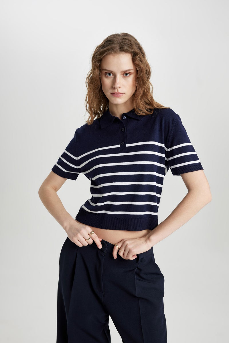 DeFacto Woman Regular Fit Polo Neck Striped Knitwear T-Shirt - Image 3