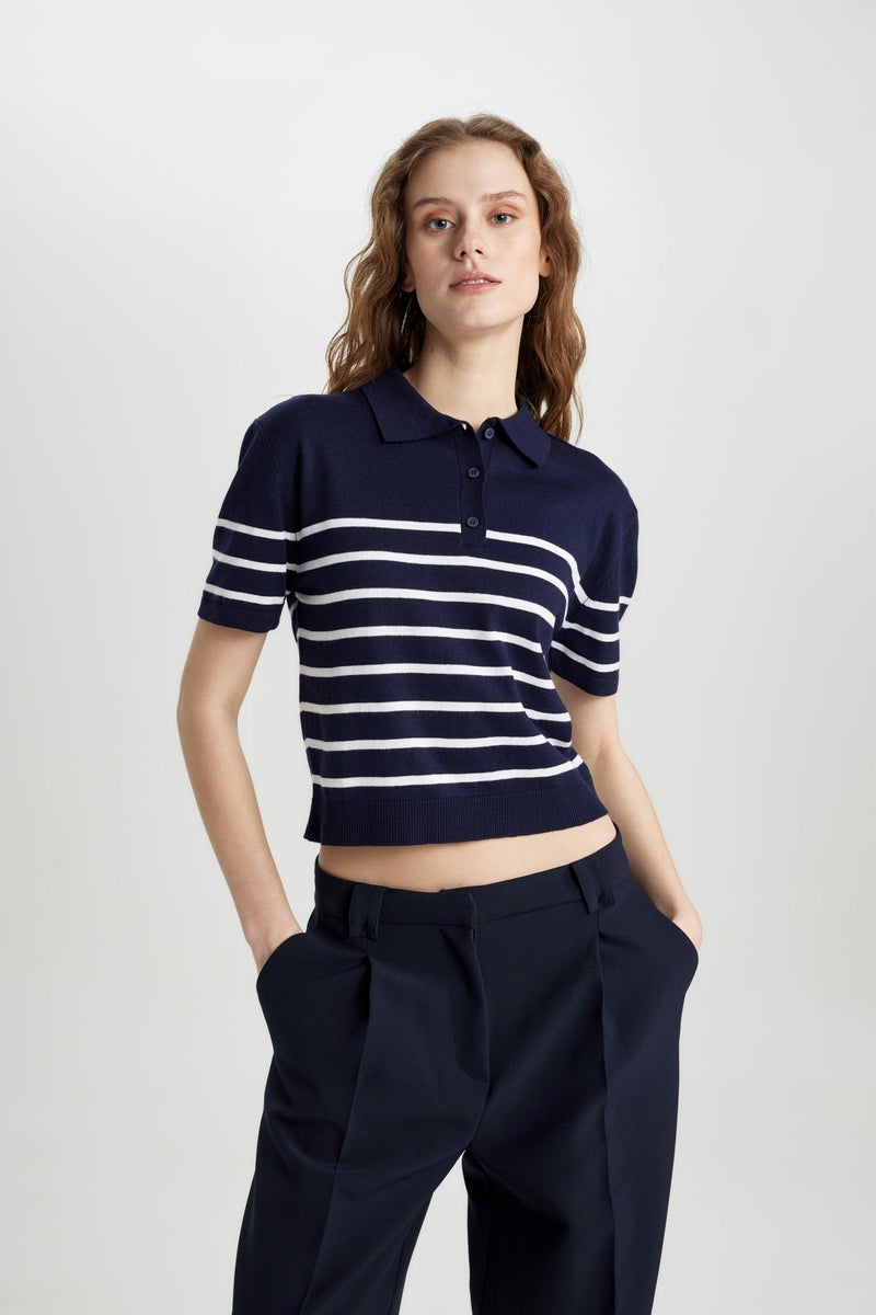 DeFacto Woman Regular Fit Polo Neck Striped Knitwear T-Shirt - Image 1