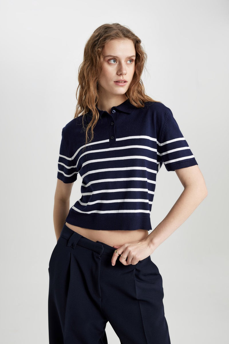 DeFacto Woman Regular Fit Polo Neck Striped Knitwear T-Shirt - Image 4