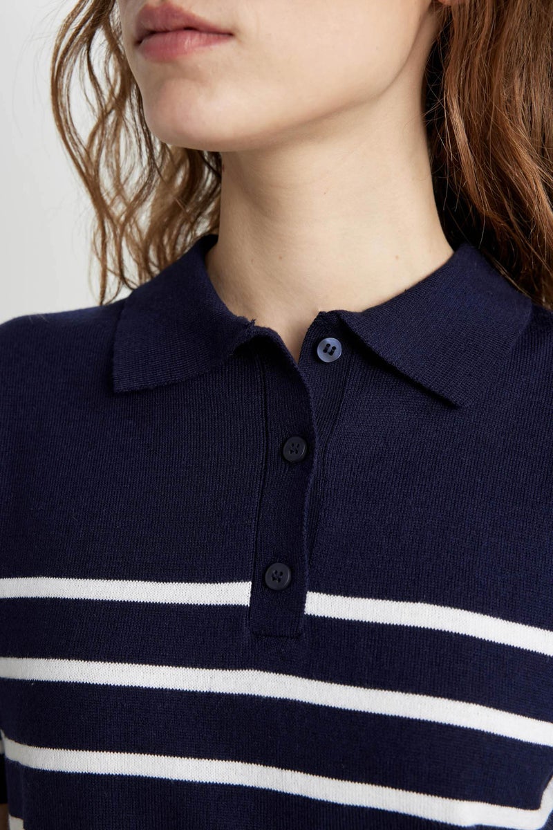 DeFacto Woman Regular Fit Polo Neck Striped Knitwear T-Shirt - Image 5