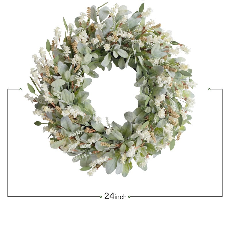 egolot 24 Inch Summer Spring Ivory Flowers Wreath for Front Door, Everyday Lamb Ears Leaves Wreath with White Artificial Flower for Indoor and Outdoor, Rustic and Farmhouse Greenery Flower - Image 5