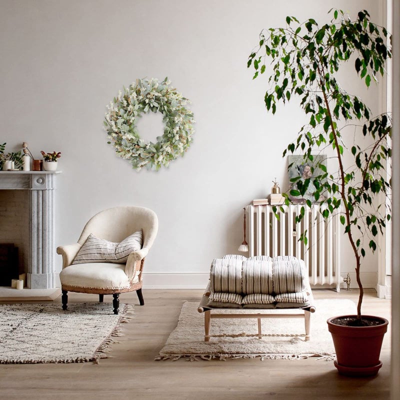 egolot 24 Inch Summer Spring Ivory Flowers Wreath for Front Door, Everyday Lamb Ears Leaves Wreath with White Artificial Flower for Indoor and Outdoor, Rustic and Farmhouse Greenery Flower - Image 3