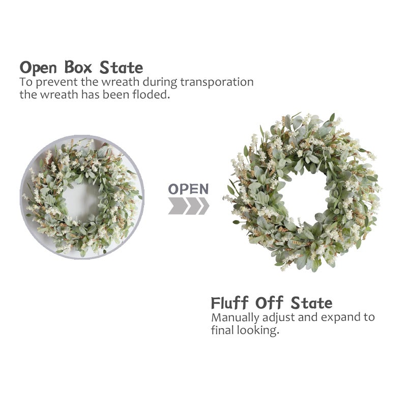 egolot 24 Inch Summer Spring Ivory Flowers Wreath for Front Door, Everyday Lamb Ears Leaves Wreath with White Artificial Flower for Indoor and Outdoor, Rustic and Farmhouse Greenery Flower - Image 4