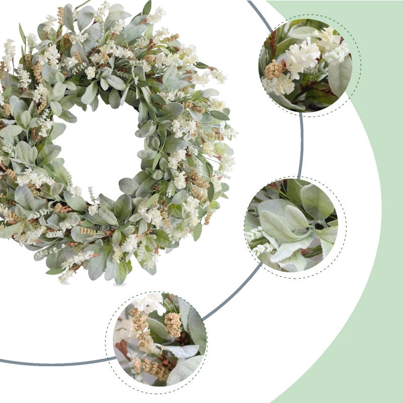 egolot 24 Inch Summer Spring Ivory Flowers Wreath for Front Door, Everyday Lamb Ears Leaves Wreath with White Artificial Flower for Indoor and Outdoor, Rustic and Farmhouse Greenery Flower - Image 2