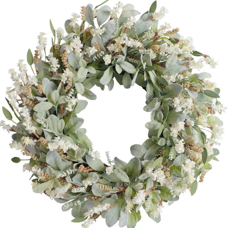 egolot 24 Inch Summer Spring Ivory Flowers Wreath for Front Door, Everyday Lamb Ears Leaves Wreath with White Artificial Flower for Indoor and Outdoor, Rustic and Farmhouse Greenery Flower - Image 1