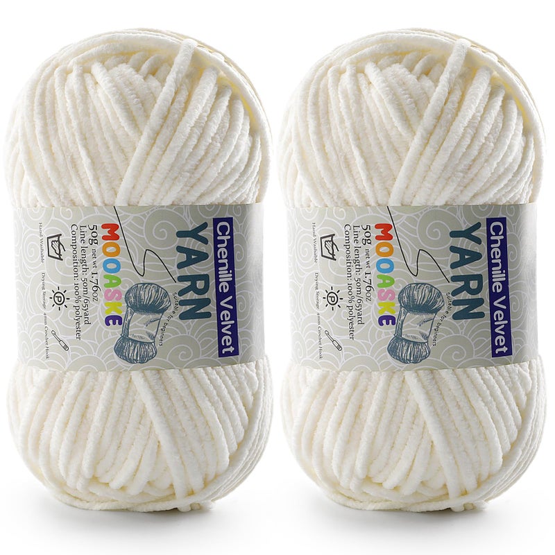 Mooaske 2 Pac Chenille Yarn for Crocheting - Fluffy Yarn for Crochet, Baby Yarn for Crocheting Soft Blankets - Weight Per Roll 50g/1.76oz, Length 60m/65yard (Milky White) - Image 1