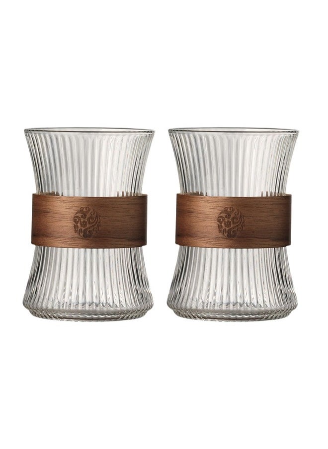 HOOPZOZA Glass Coffee Mug Cup 2PCS With Heat Insulation Wood Chips European StyleTea Cup Mousse Mug 260mL Vertical Stripes  - Image 1