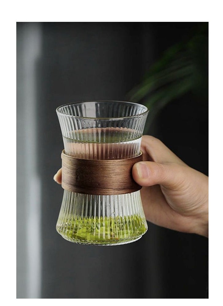 HOOPZOZA Glass Coffee Mug Cup 2PCS With Heat Insulation Wood Chips European StyleTea Cup Mousse Mug 260mL Vertical Stripes  - Image 3