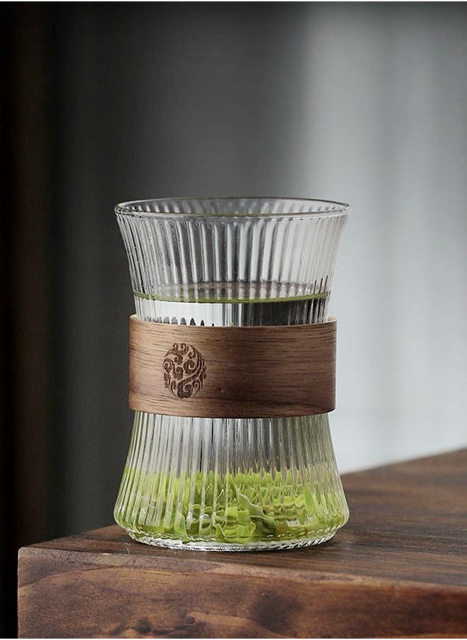HOOPZOZA Glass Coffee Mug Cup 2PCS With Heat Insulation Wood Chips European StyleTea Cup Mousse Mug 260mL Vertical Stripes  - Image 4