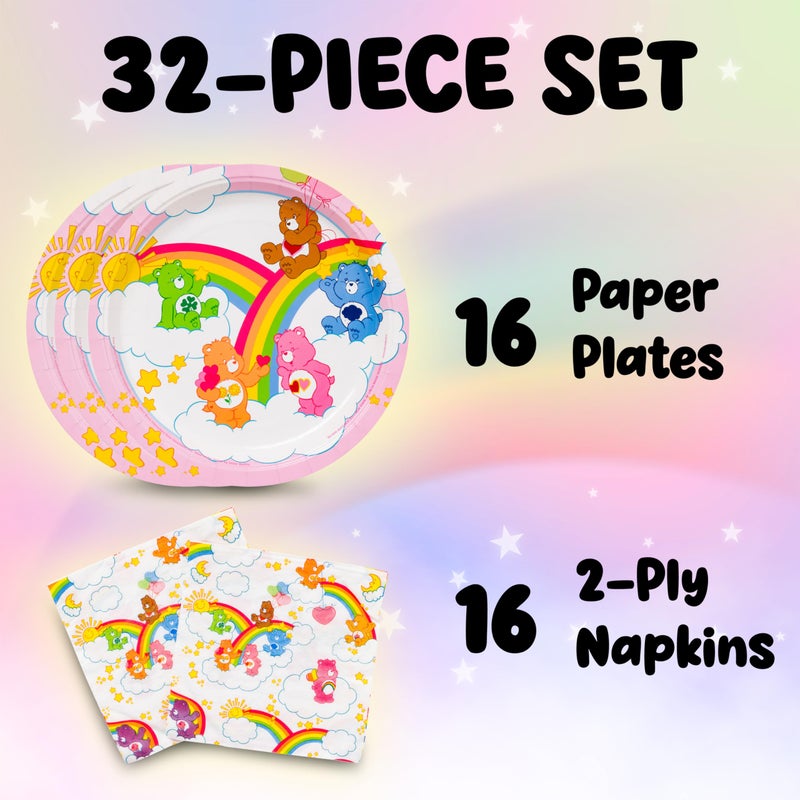 Silver Buffalo Care Bears Featuring Grumpy, Good Luck, Tenderheart, Love-A-Lot, Friend, Cheer, and Birthday 32 Pack Partyware Disposable Paper Plates and Napkins - Image 2