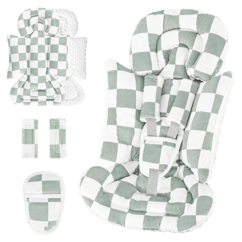 DILIMI Infant Car Seat Insert, Baby Car Seat Head Support with 3 Strap Paddings, Soft Newborn Car Seat Cushion for Stroller, Swing, Bouncers, Green Checkered - Image 1