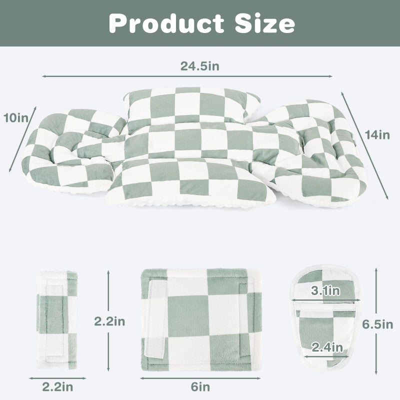 DILIMI Infant Car Seat Insert, Baby Car Seat Head Support with 3 Strap Paddings, Soft Newborn Car Seat Cushion for Stroller, Swing, Bouncers, Green Checkered - Image 3
