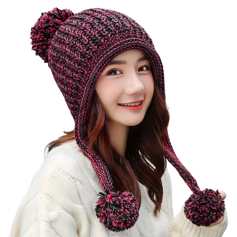 HUAMULAN Women Winter Sherpa Beanie Hats Knit Ear Flaps Peruvian Cover Ears Warm Fleece Lined Ski Snow Hat with 3 Pompom - Image 1