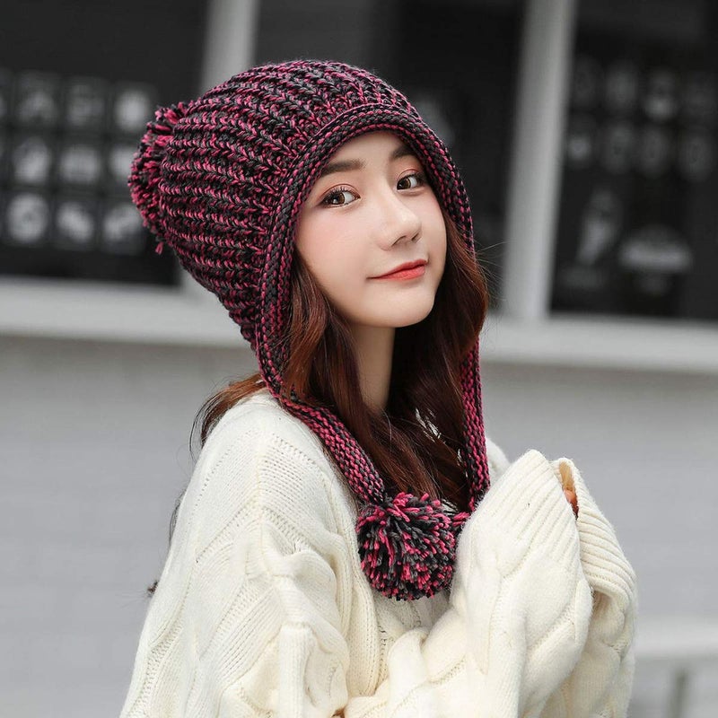 HUAMULAN Women Winter Sherpa Beanie Hats Knit Ear Flaps Peruvian Cover Ears Warm Fleece Lined Ski Snow Hat with 3 Pompom - Image 5