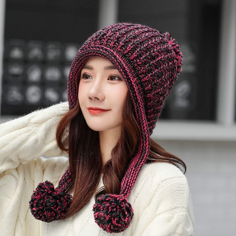 HUAMULAN Women Winter Sherpa Beanie Hats Knit Ear Flaps Peruvian Cover Ears Warm Fleece Lined Ski Snow Hat with 3 Pompom - Image 3