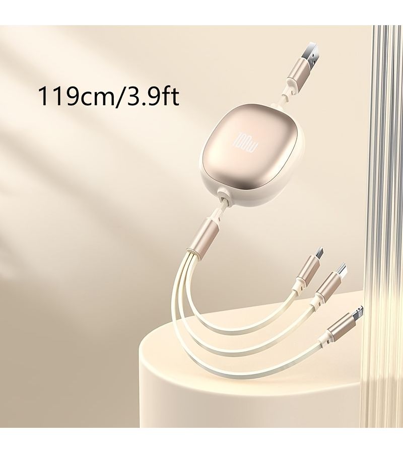 كابل شحن USB ثلاثي في واحد قابل للسحب باللون الأسود بقدرة 100 واط شحن سريع ومزامنة بيانات - Image 4
