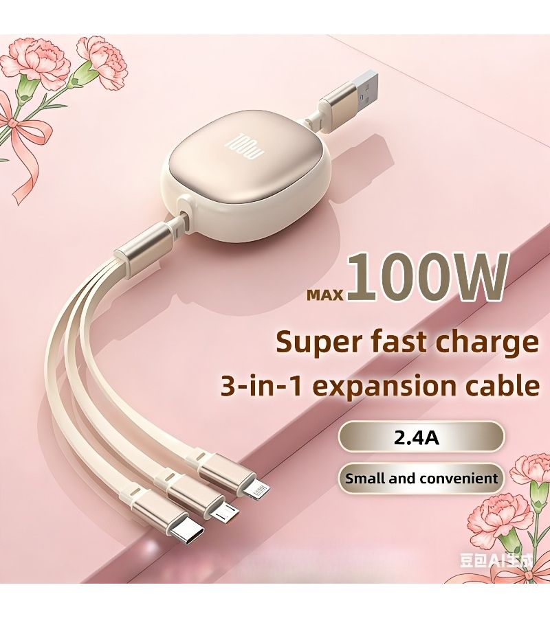 كابل شحن USB ثلاثي في واحد قابل للسحب باللون الأسود بقدرة 100 واط شحن سريع ومزامنة بيانات - Image 1