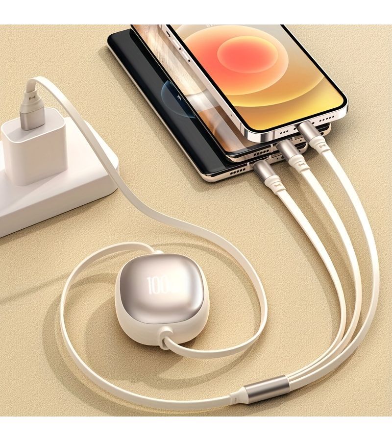 كابل شحن USB ثلاثي في واحد قابل للسحب باللون الأسود بقدرة 100 واط شحن سريع ومزامنة بيانات - Image 5