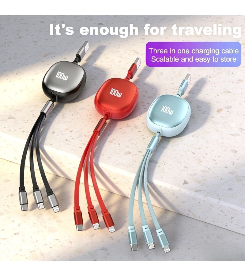 كابل شحن USB ثلاثي في واحد قابل للسحب باللون الأسود بقدرة 100 واط شحن سريع ومزامنة بيانات - Image 2