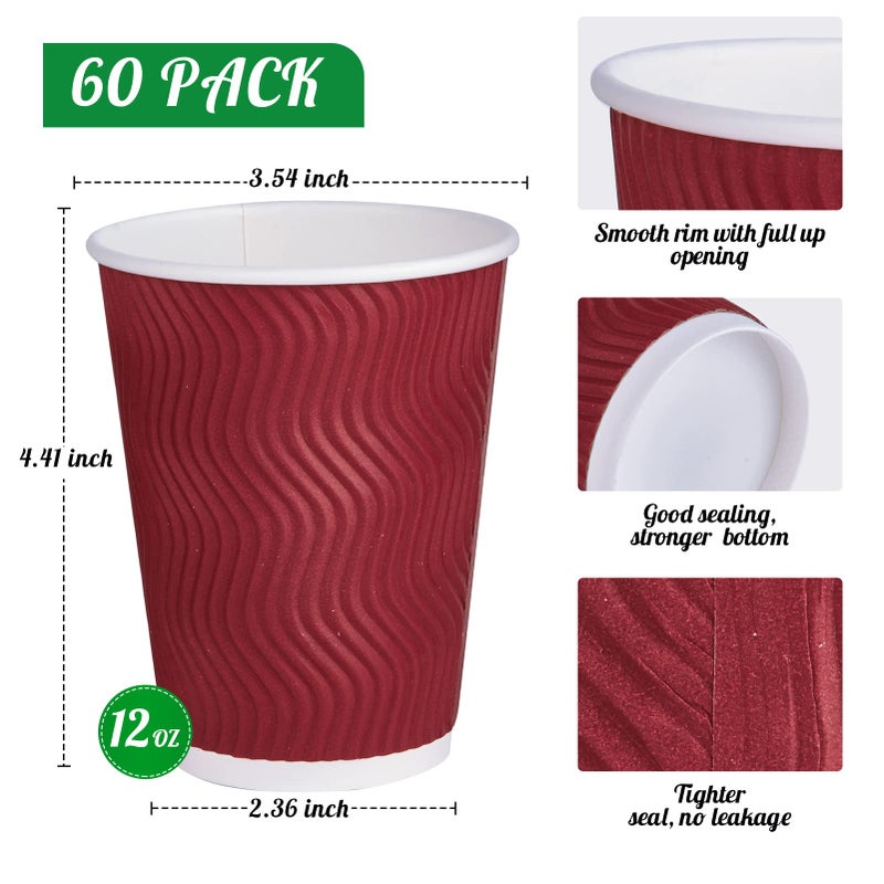 JollyPack 60 Pack Paper Cups  Disposable Coffee Cups 12 oz  Red Hot Beverage Cups with Insulated Ripple Wall  Paper Ripple Cups for Christmas  Party and Daily Life - Image 2