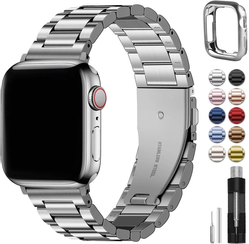 Fullmosa Metal Band Compatible with Apple Watch Bands Series 11 10 46mm, Stainless Steel Strap iWatch Band with Case for Apple Watch, Silver - Image 1