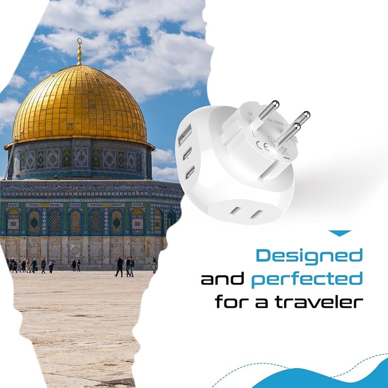 Ceptics Israel, Palestine Travel Plug Adapter - Type H - 5 Input with 20W PD-QC 3.1A Dual USB-C and USB - Light Weight - Perfect for Cell Phones, Laptops, Camera Chargers and More (PTU-14), White - Image 3