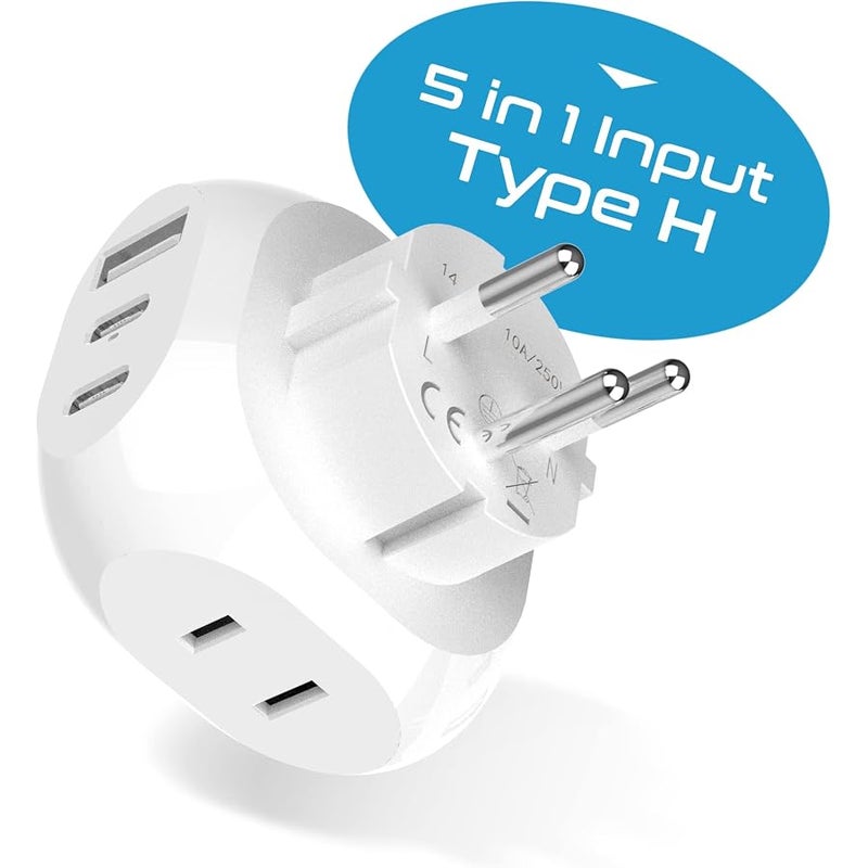 Ceptics Israel, Palestine Travel Plug Adapter - Type H - 5 Input with 20W PD-QC 3.1A Dual USB-C and USB - Light Weight - Perfect for Cell Phones, Laptops, Camera Chargers and More (PTU-14), White - Image 2