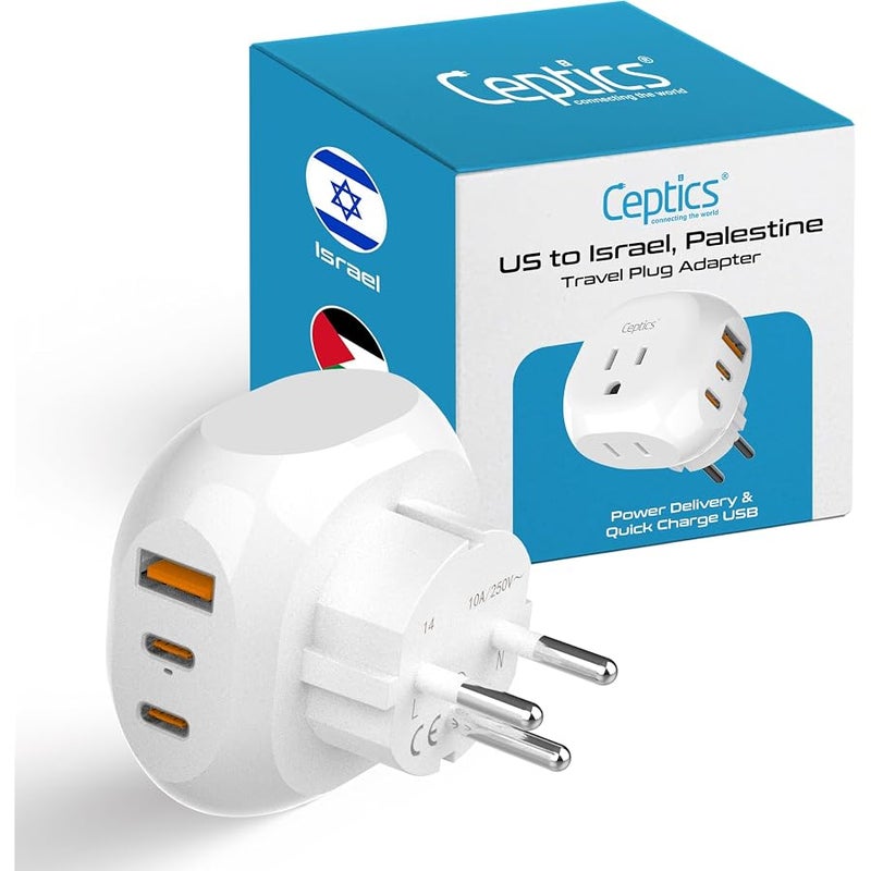 Ceptics Israel, Palestine Travel Plug Adapter - Type H - 5 Input with 20W PD-QC 3.1A Dual USB-C and USB - Light Weight - Perfect for Cell Phones, Laptops, Camera Chargers and More (PTU-14), White - Image 1