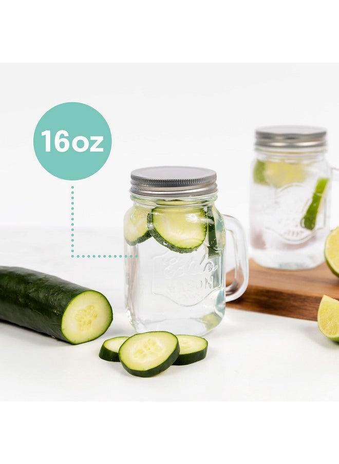 Estilo - Estilo Mason Jar, 16 oz, Set of 6, Glass Drinking Cups with Handles, Tin Lids, Overnight Oats Jars, Smoothie Cups - Image 1