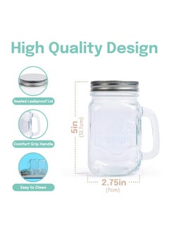 Estilo Estilo Mason Jar, 16 oz, Set of 6, Glass Drinking Cups with Handles, Tin Lids, Overnight Oats Jars, Smoothie Cups  - Image 3