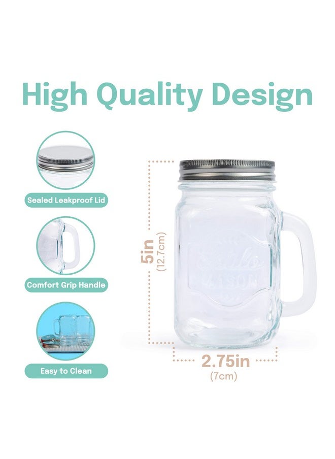 Estilo - Estilo Mason Jar, 16 oz, Set of 6, Glass Drinking Cups with Handles, Tin Lids, Overnight Oats Jars, Smoothie Cups - Image 1