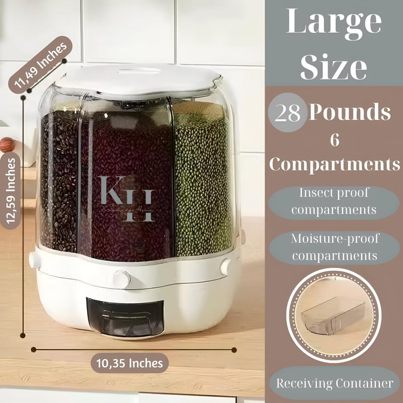 Airtight Rotating Grain Dispenser - 28 lb Capacity with 6 Separate Compartments, Moisture and Bug Resistant Storage for Rice, Pasta, and Cereals, 29.18 x 26.29 cm - Image 2