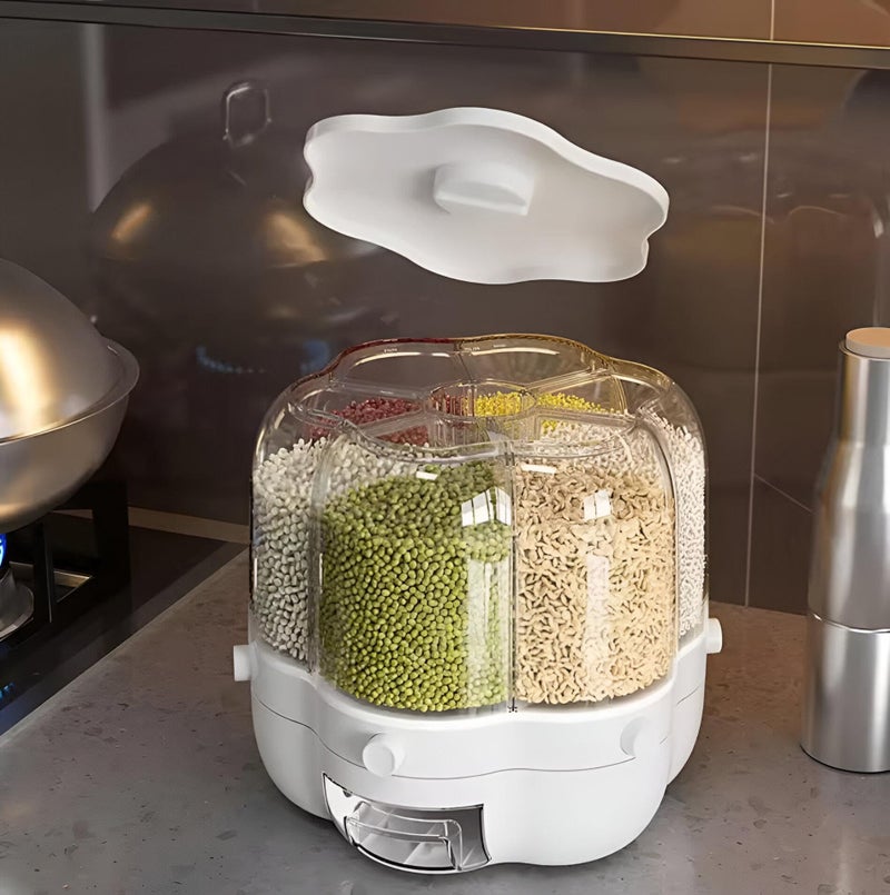 Airtight Rotating Grain Dispenser - 28 lb Capacity with 6 Separate Compartments, Moisture and Bug Resistant Storage for Rice, Pasta, and Cereals, 29.18 x 26.29 cm - Image 4
