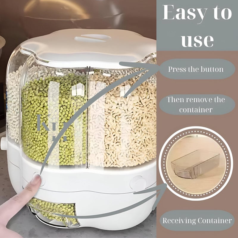 Airtight Rotating Grain Dispenser - 28 lb Capacity with 6 Separate Compartments, Moisture and Bug Resistant Storage for Rice, Pasta, and Cereals, 29.18 x 26.29 cm - Image 3