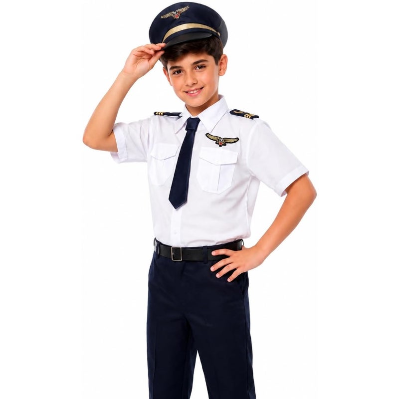 Pilot Uniform Outfit Costume Set - Professional Airline Style Shirt, Pants, Hat and Tie with Badge Details For Boys and Girls Cotton Blend Fabric Adjustable Fit Ideal for Dress-Up, Role Play, School Events, Travel - Image 1