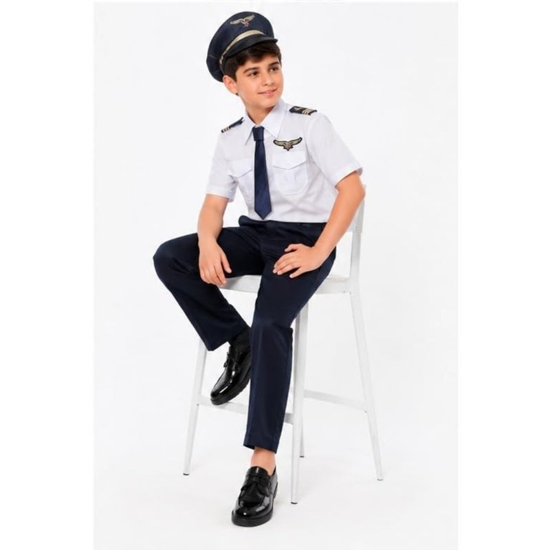 Pilot Uniform Outfit Costume Set - Professional Airline Style Shirt, Pants, Hat and Tie with Badge Details For Boys and Girls Cotton Blend Fabric Adjustable Fit Ideal for Dress-Up, Role Play, School Events, Travel - Image 2