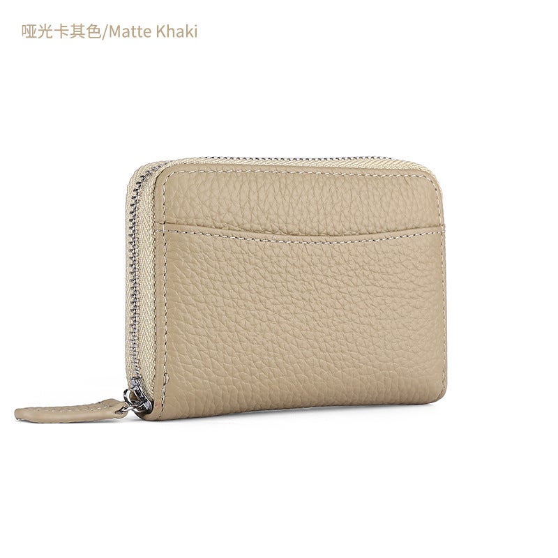 Japanese RFID Leather Coin Purse Unisex Zipper Matte khaki