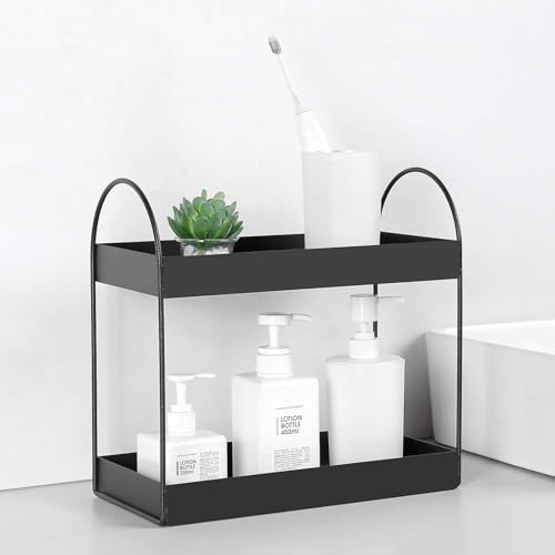 TechSrmaji 2-Tier Countertop Organizer Kitchen Shelf Vanity Tray Cosmetic Makeup Storage Kitchen Spice Rack Standing Shelf (Black-Metal),Cosmetics - Image 1