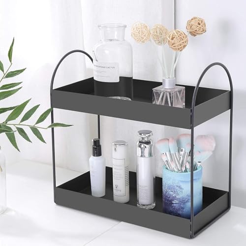TechSrmaji 2-Tier Countertop Organizer Kitchen Shelf Vanity Tray Cosmetic Makeup Storage Kitchen Spice Rack Standing Shelf (Black-Metal),Cosmetics - Image 3