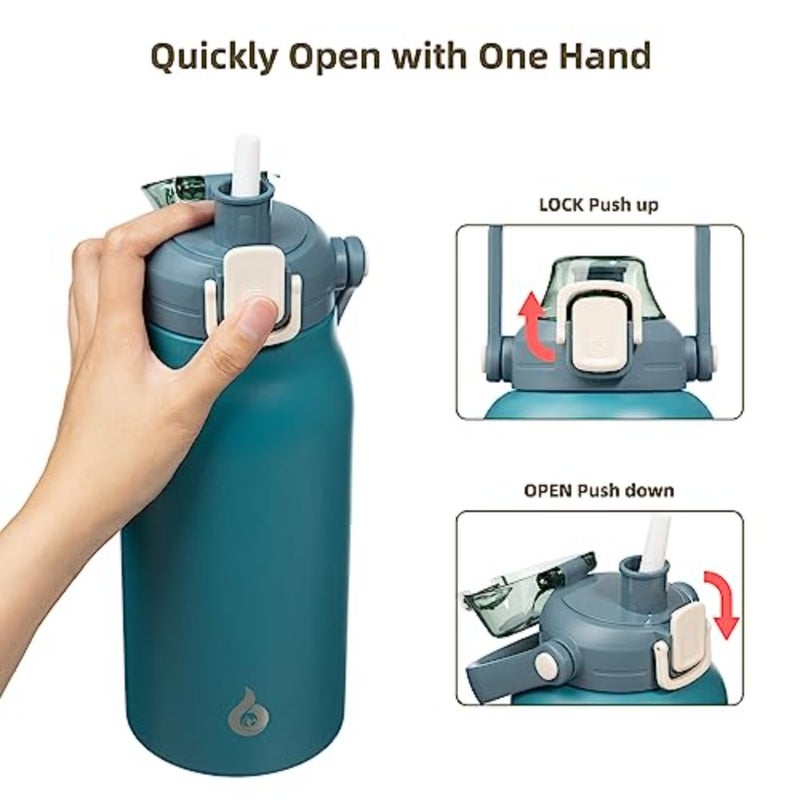 Insulated Water Bottles with Straw, Stainless Steel Metal Water Bottle with One-handed Opening Lid, BPA Free Sport Jugs, Flasks for Men and Women, Light Blue - Image 3