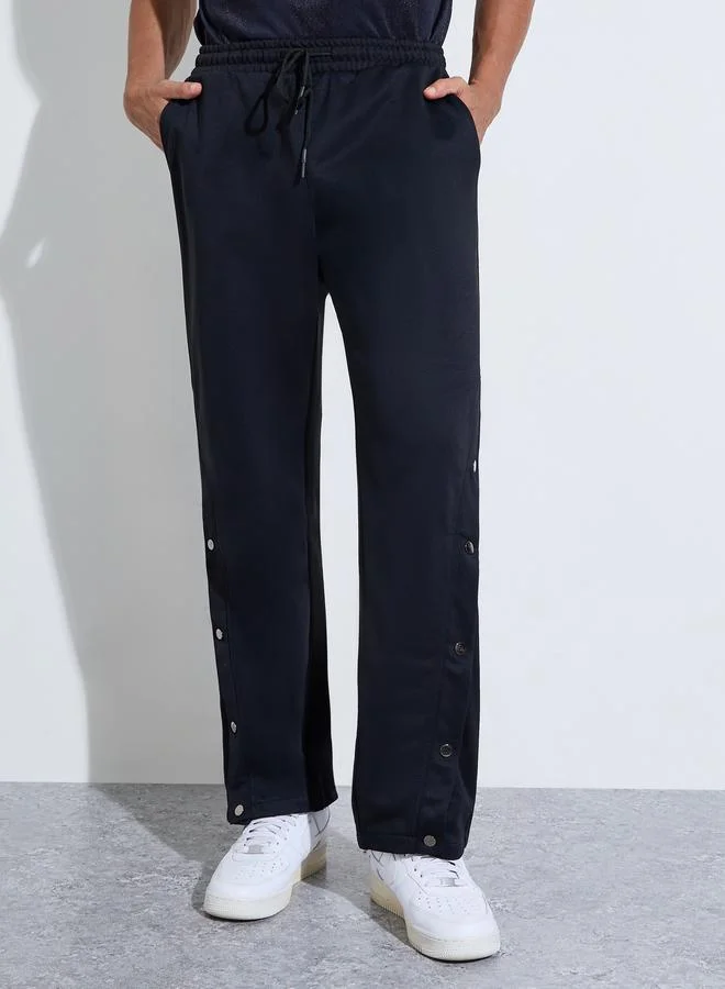 Take Two Men Black Solid Drawstring Knit Pants with Button Hem